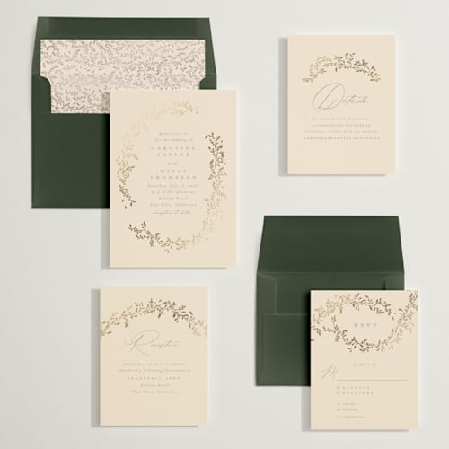 This is a sand foil stamped wedding invitations with foil pressed by Creo Study called leafy garland printing on signature in standard