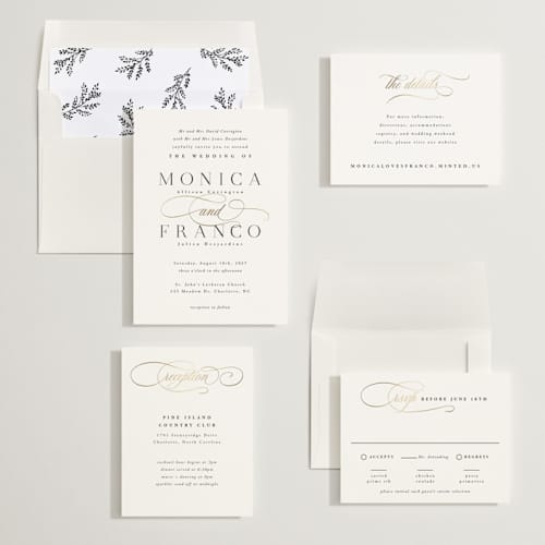 This is a cloud foil stamped wedding invitations with foil pressed by Hooray Creative called and centered printing on signature in standard