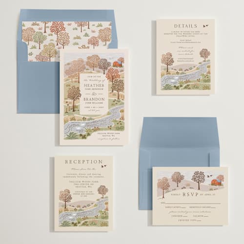 This is a autumnal foil stamped wedding invitations with foil pressed by Paper Sun Studio called countryside printing on signature in standard