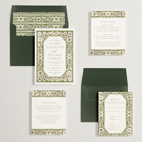 This is a avocado foil stamped wedding invitations with foil pressed by Katharine Watson called inlay frame printing on signature in standard