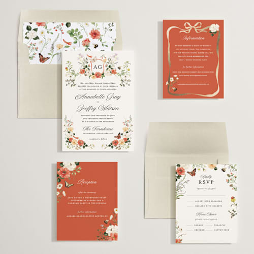 This is a verona sunset foil stamped wedding invitations with foil pressed by Sarah Knight called fleur printing on signature in standard