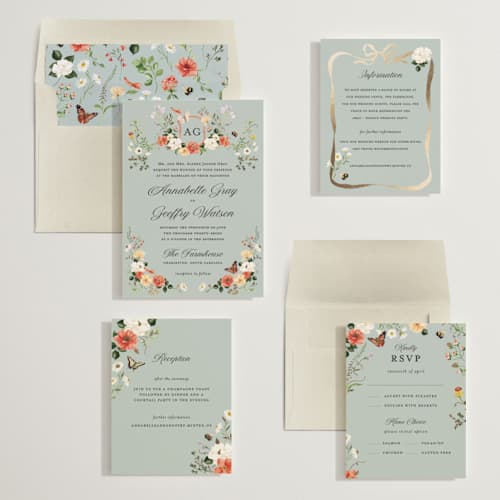 This is a mist foil stamped wedding invitations with foil pressed by Sarah Knight called fleur printing on signature in standard