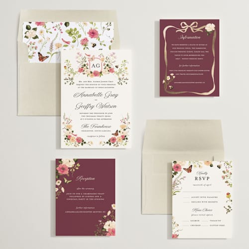 This is a romantic foil stamped wedding invitations with foil pressed by Sarah Knight called fleur printing on signature in standard