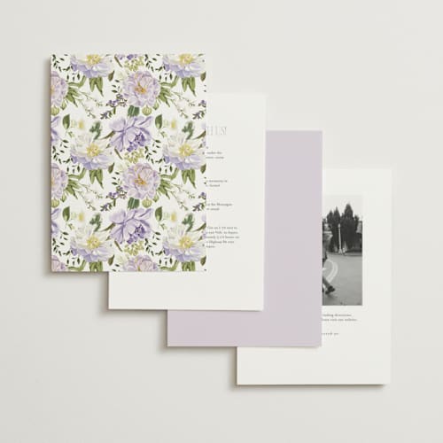 This is a wisteria foil stamped wedding invitations with foil pressed by Susan Moyal called timeless blooms printing on signature in standard