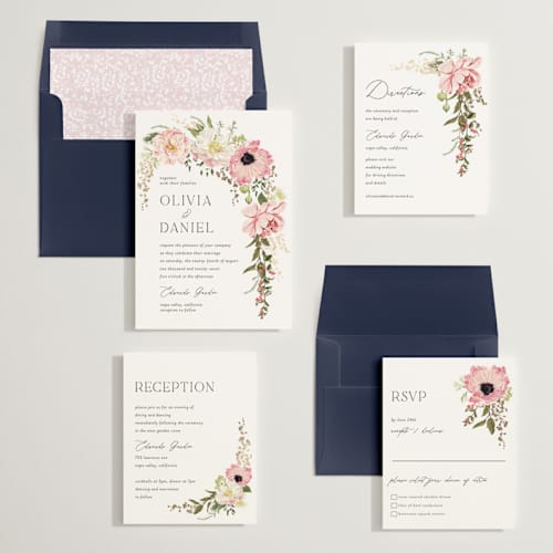 This is a peony foil stamped wedding invitations with foil pressed by Susan Moyal called timeless blooms printing on signature in standard