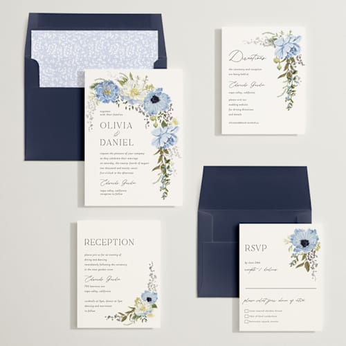 This is a azure foil stamped wedding invitations with foil pressed by Susan Moyal called timeless blooms printing on signature in standard