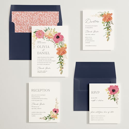 This is a tropical foil stamped wedding invitations with foil pressed by Susan Moyal called timeless blooms printing on signature in standard