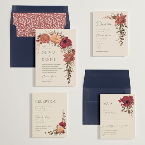 This is a mahogany foil stamped wedding invitations with foil pressed by Susan Moyal called timeless blooms printing on signature in standard