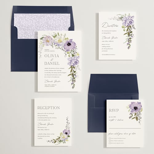 This is a wisteria foil stamped wedding invitations with foil pressed by Susan Moyal called timeless blooms printing on signature in standard