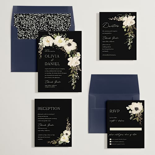 This is a tuxedo foil stamped wedding invitations with foil pressed by Susan Moyal called timeless blooms printing on signature in standard
