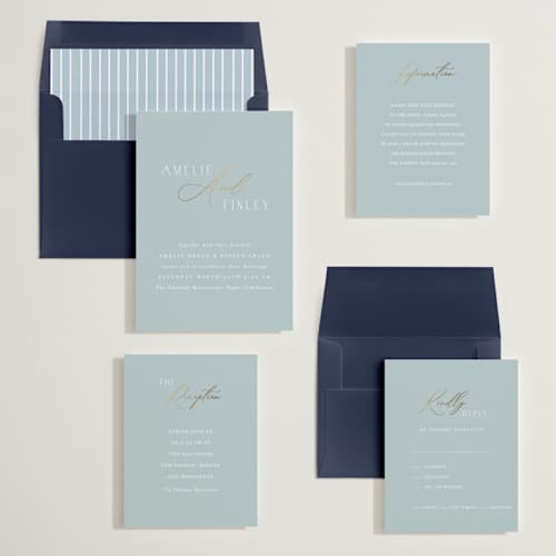 This is a dusty blue foil stamped wedding invitations with foil pressed by Angela Thompson called delicacy printing on signature in standard