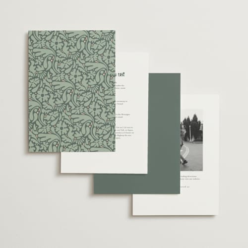 This is a sage foil stamped wedding invitations with foil pressed by GeekInk Design called nouveau frame printing on signature in standard