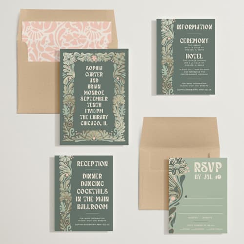 This is a sage foil stamped wedding invitations with foil pressed by GeekInk Design called nouveau frame printing on signature in standard
