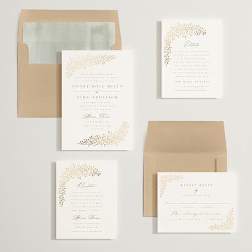 This is a leaf foil stamped wedding invitations with foil pressed by Kristie Kern called villa printing on signature in standard