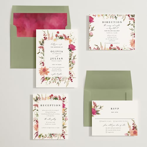 This is a magenta foil stamped wedding invitations with foil pressed by Susan Moyal called lush printing on signature in standard