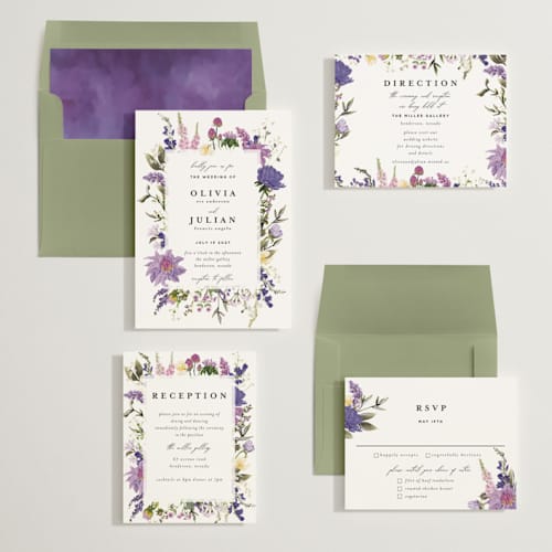 This is a wisteria foil stamped wedding invitations with foil pressed by Susan Moyal called lush printing on signature in standard