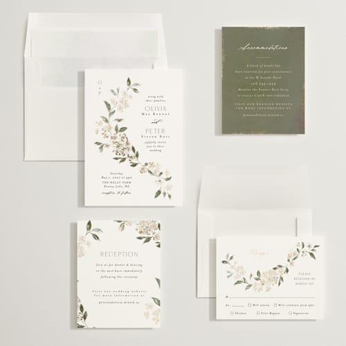 This is a porcelain foil stamped wedding invitations with foil pressed by Itsy Belle Studio called sweeping vine printing on signature in standard