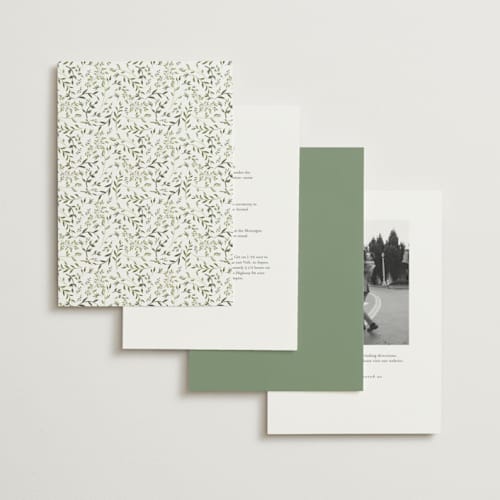 This is a sage foil stamped wedding invitations with foil pressed by Susan Moyal called monogramed arch printing on signature in standard