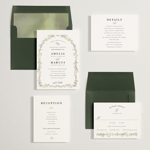 This is a sage foil stamped wedding invitations with foil pressed by Susan Moyal called monogramed arch printing on signature in standard