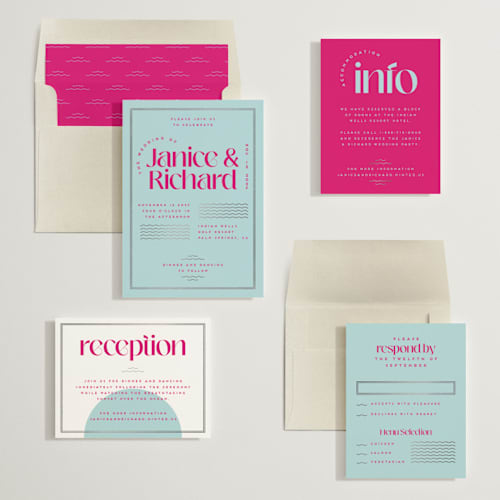 This is a dragon fruit foil stamped wedding invitations with foil pressed by Claudia Orengo called news! printing on signature in standard