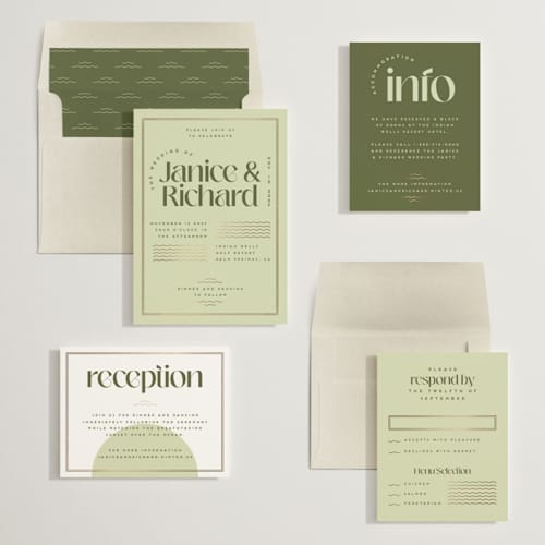 This is a kiwi foil stamped wedding invitations with foil pressed by Claudia Orengo called news! printing on signature in standard
