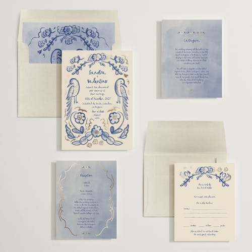 This is a marseille bleu foil stamped wedding invitations with foil pressed by Ani Somi called santa catalina printing on signature in standard