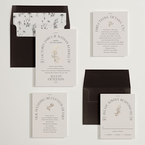 This is a linen foil stamped wedding invitations with foil pressed by Baumbirdy called floral type arch printing on signature in standard