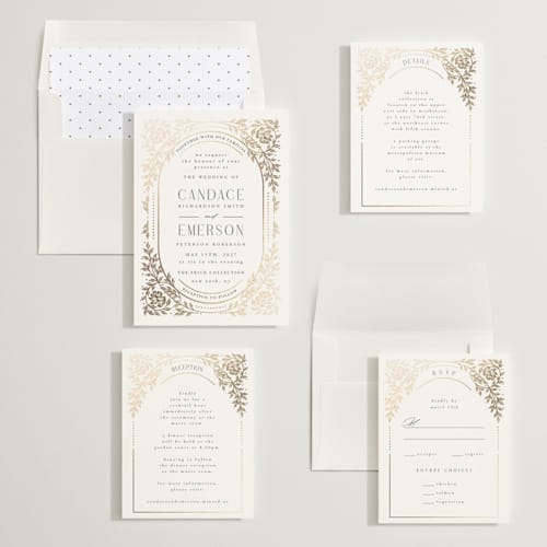 This is a ivory foil stamped wedding invitations with foil pressed by Ana de Sousa called gilded nouveau frame printing on signature in standard