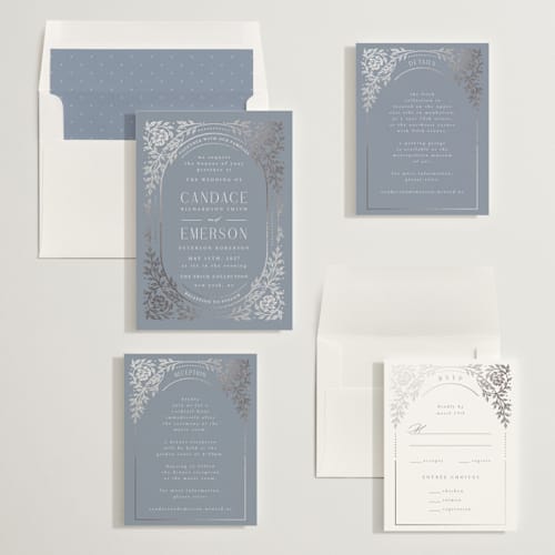 This is a lagoon foil stamped wedding invitations with foil pressed by Ana de Sousa called gilded nouveau frame printing on signature in standard