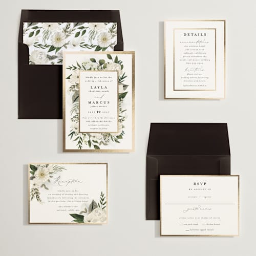 This is a vanilla foil stamped wedding invitations with foil pressed by Susan Moyal called classic love printing on signature in standard