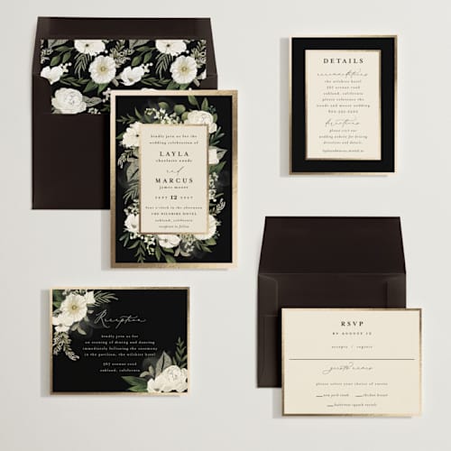 This is a tuxedo foil stamped wedding invitations with foil pressed by Susan Moyal called classic love printing on signature in standard