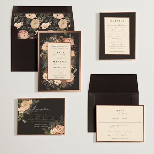 This is a burnt sienna foil stamped wedding invitations with foil pressed by Susan Moyal called classic love printing on signature in standard