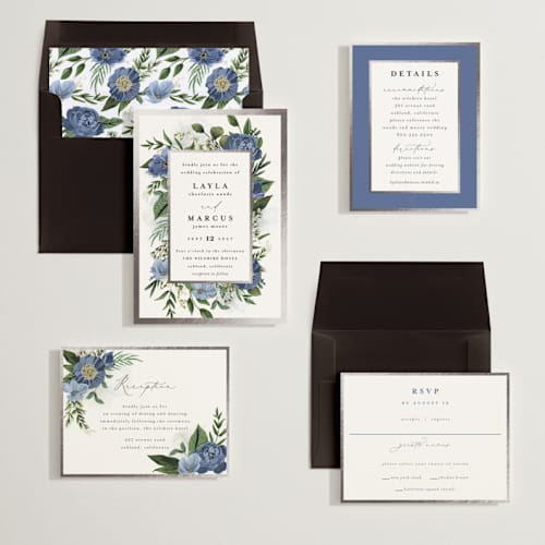 This is a sky foil stamped wedding invitations with foil pressed by Susan Moyal called classic love printing on signature in standard