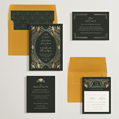 This is a lily foil stamped wedding invitations with foil pressed by Jen Owens called embellished printing on signature in standard
