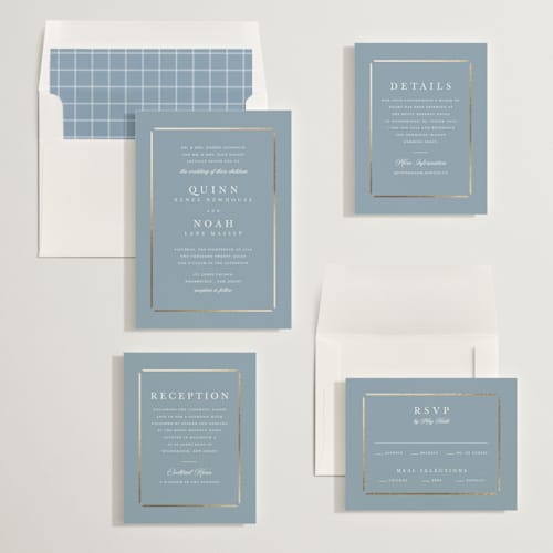 This is a dusty blue foil stamped wedding invitations with foil pressed by Stacey Meacham called elegant bevel printing on signature in standard
