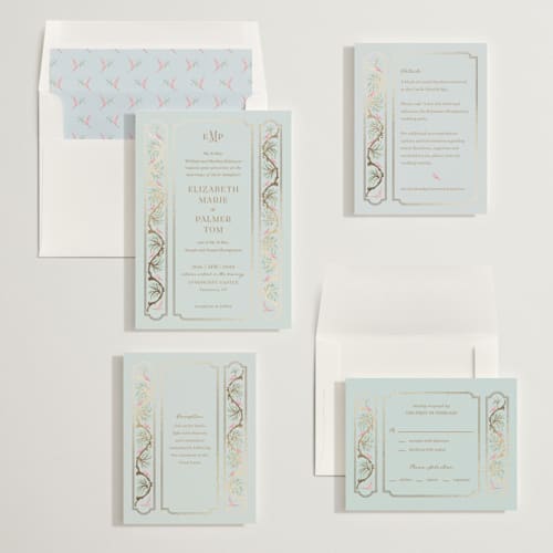 This is a hummingbird foil stamped wedding invitations with foil pressed by Claudia Orengo called castle printing on signature in standard