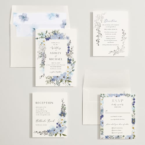 This is a serenity foil stamped wedding invitations with foil pressed by Susan Moyal called layered florals printing on signature in standard