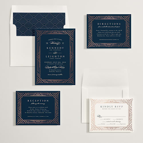 This is a dark navy foil stamped wedding invitations with foil pressed by Hooray Creative called opulent border printing on signature in standard