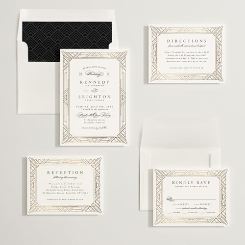 This is a stone foil stamped wedding invitations with foil pressed by Hooray Creative called opulent border printing on signature in standard