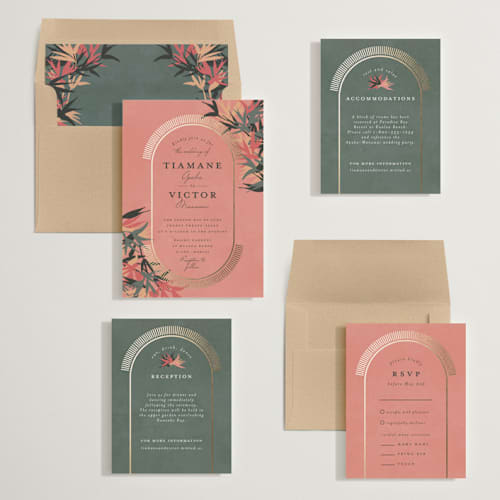 This is a coral foil stamped wedding invitations with foil pressed by Julie Hebert called birds of paradise printing on signature in standard