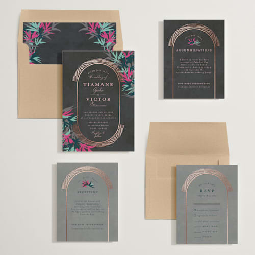 This is a charcoal foil stamped wedding invitations with foil pressed by Julie Hebert called birds of paradise printing on signature in standard