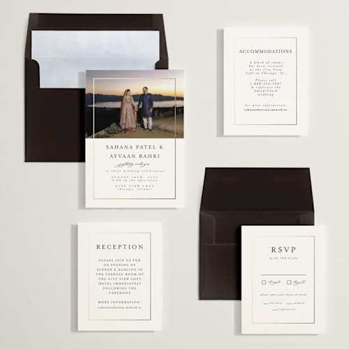 This is a pearl foil stamped wedding invitations with foil pressed by Nicole Walsh called gilded frame printing on signature in standard
