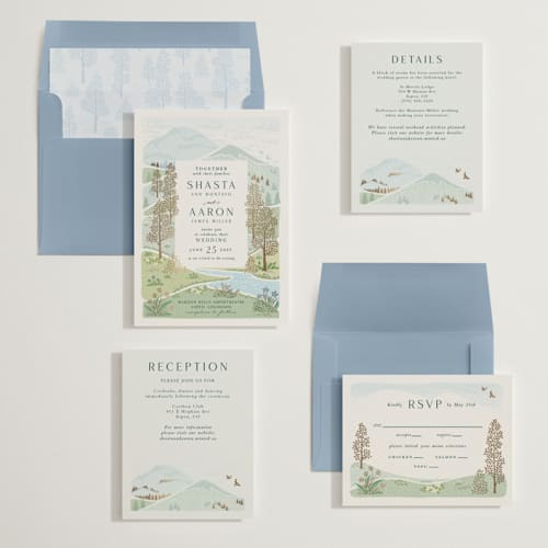 This is a evergreen foil stamped wedding invitations with foil pressed by Paper Sun Studio called mountaintop printing on signature in standard