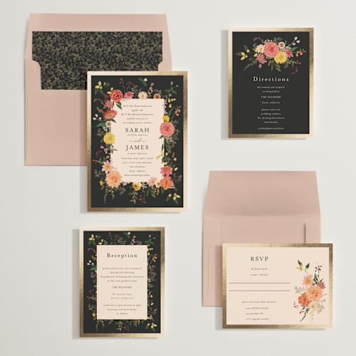 This is a mimosa foil stamped wedding invitations with foil pressed by Susan Moyal called enchanting printing on signature in standard