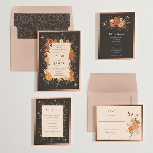 This is a copper foil stamped wedding invitations with foil pressed by Susan Moyal called enchanting printing on signature in standard