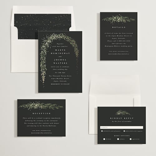 This is a tuxedo foil stamped wedding invitations with foil pressed by Leah Bisch called winter garland printing on signature in standard