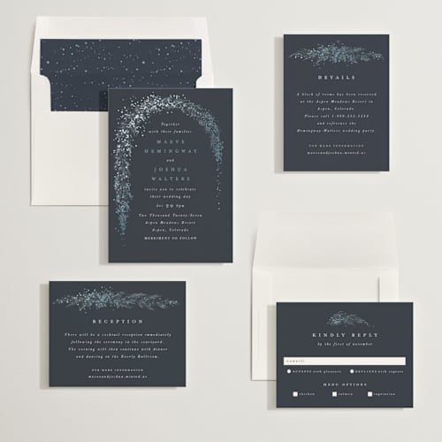 This is a frost foil stamped wedding invitations with foil pressed by Leah Bisch called winter garland printing on signature in standard