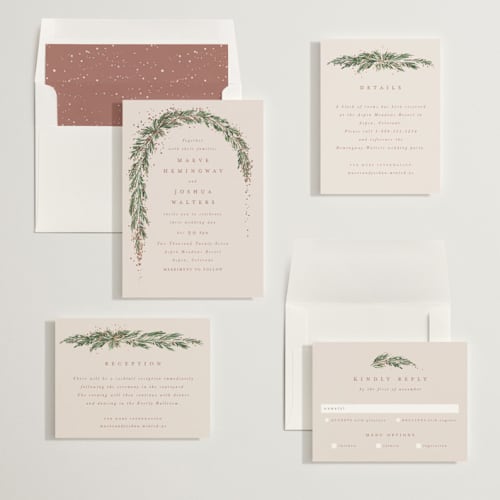 This is a latte foil stamped wedding invitations with foil pressed by Leah Bisch called winter garland printing on signature in standard