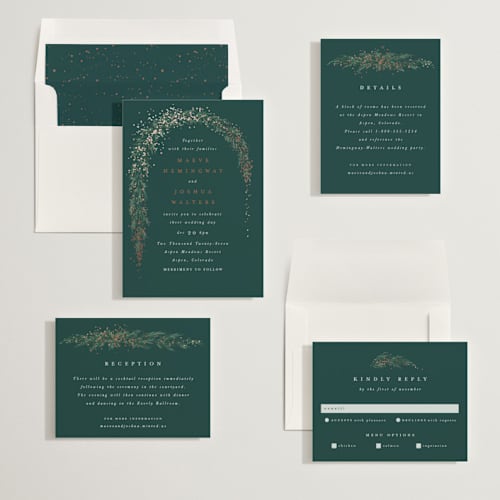 This is a pine foil stamped wedding invitations with foil pressed by Leah Bisch called winter garland printing on signature in standard
