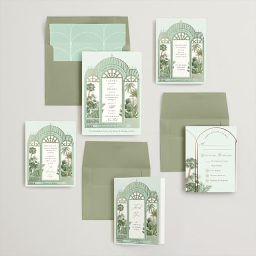 This is a mint foil stamped wedding invitations with foil pressed by Elly called the greenhouse printing on signature in standard